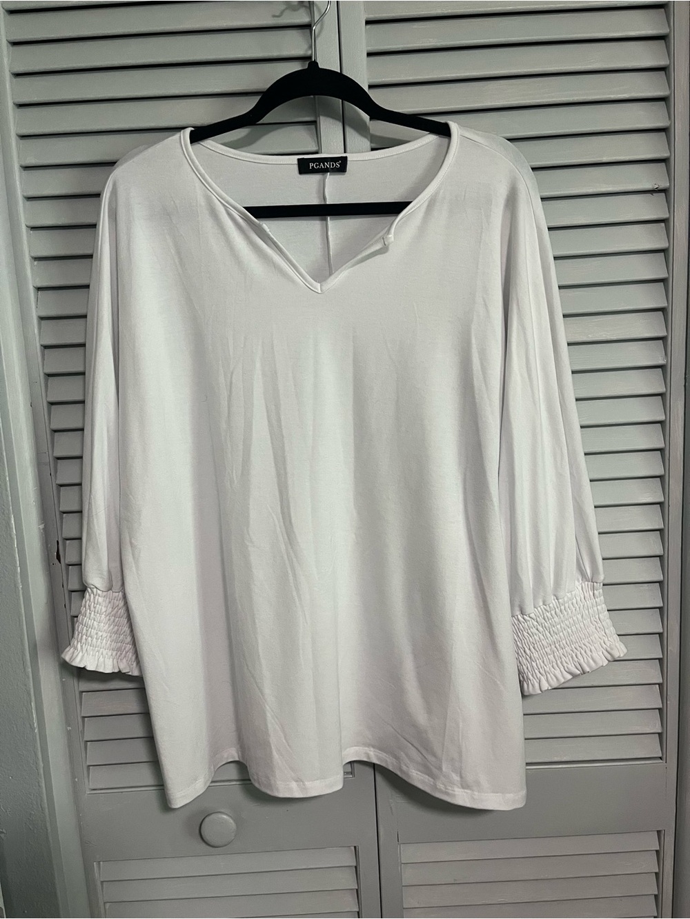 White V-Neck Top with Smocked Cuffs